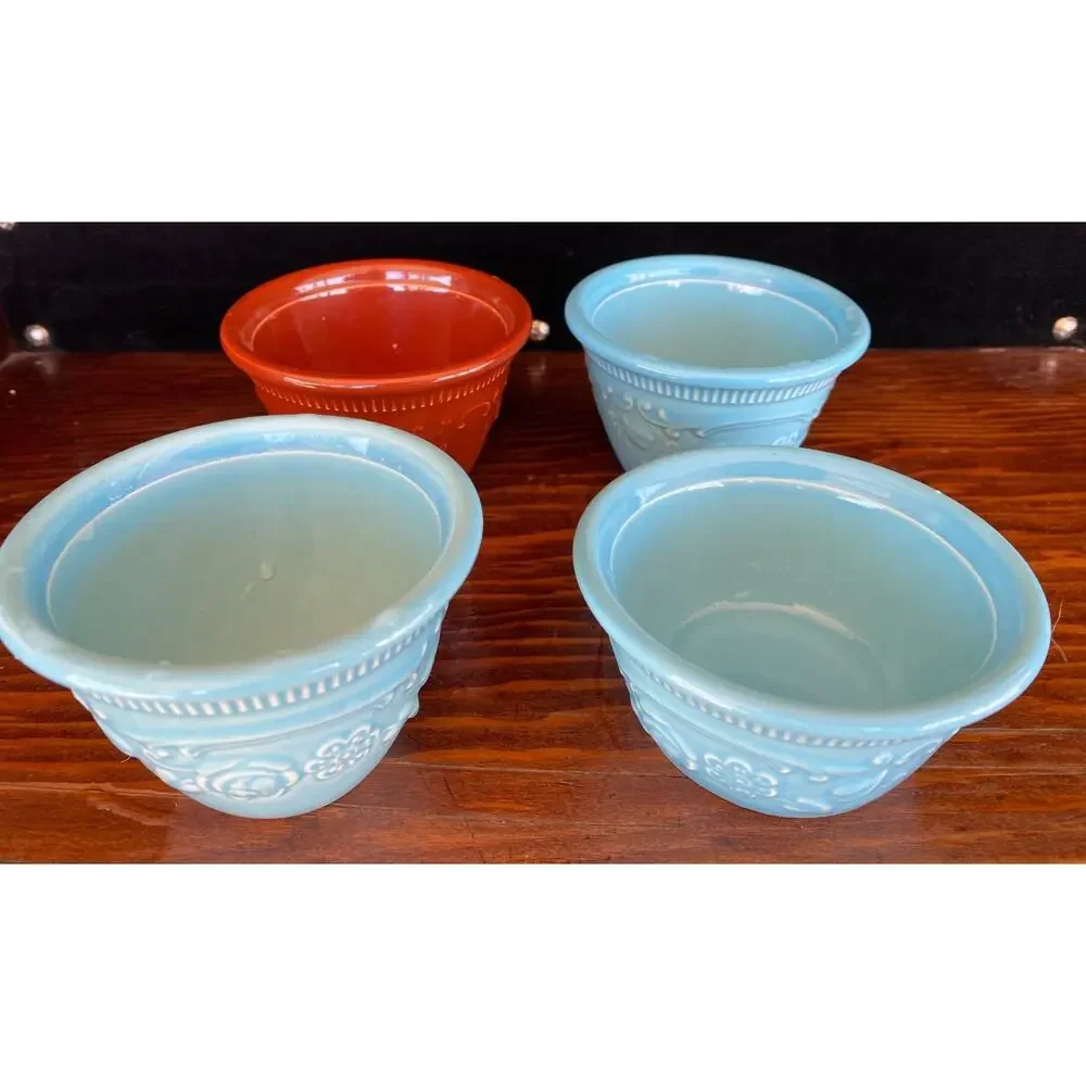 4 T.S.T. Oven Serve Ware Cups 3 Blue 1 Brown